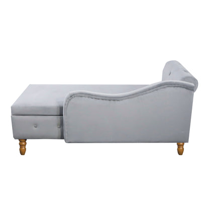 Grey Chaise Lounge Indoor Velvet Lounge Chair for Bedroom with Storage &amp; Pillow Modern Upholstered Rolled Arm Chase Lounge