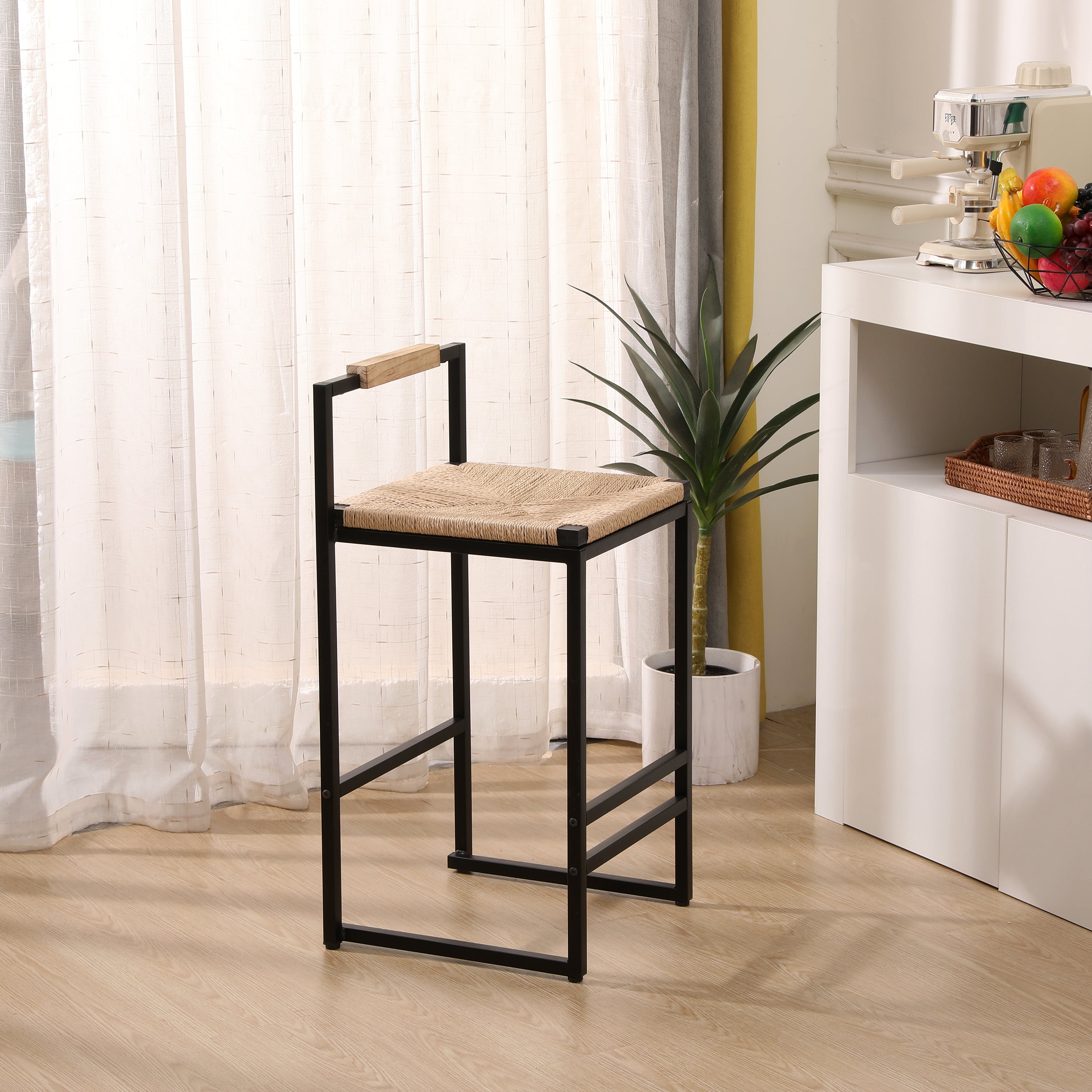 Set of 2 Bar Stools with Back Paper Rope Woven Counter Height Dining Chairs for Kitchen Home (Paper Rope with Back)