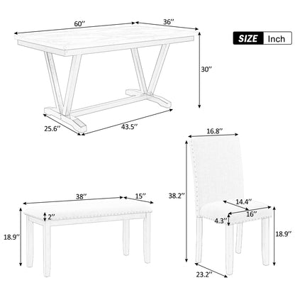 TREXM Modern Style 6-piece Dining Table with 4 Chairs &amp; 1 Bench (White)