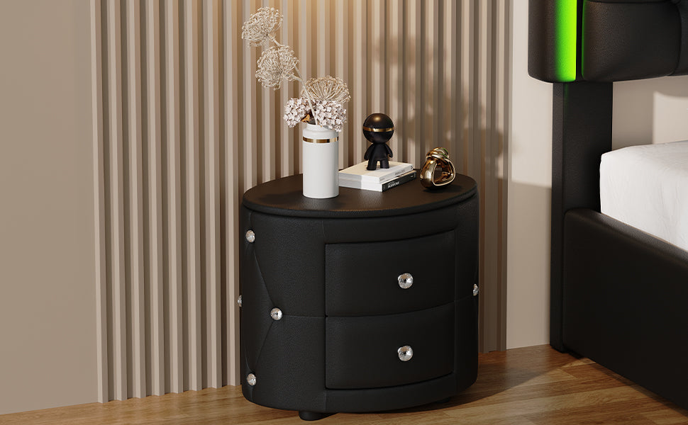 Elegant PU Nightstand with 2 Drawers and Crystal Handle,Fully Assembled Except Legs&amp;Handles,Storage Bedside Table - Black
