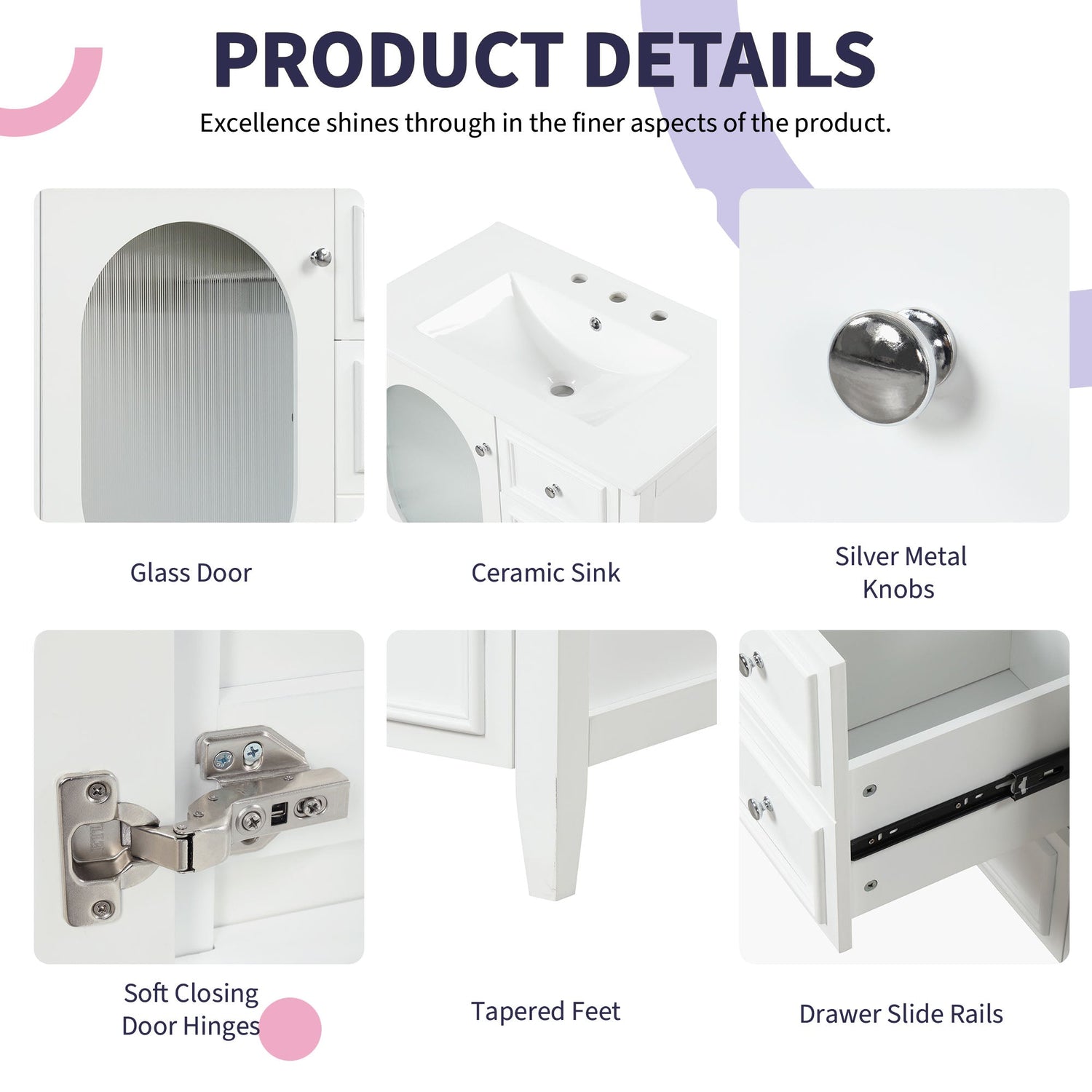 30" Bathroom Vanity with Sink, Bathroom Vanity Cabinet with Three Drawers and Door, Solid Wood and MDF, White