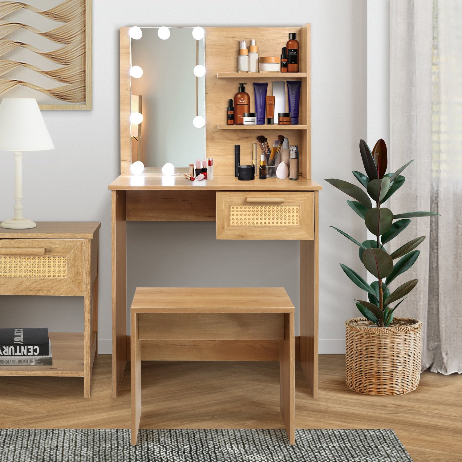 Vanity Desk Set Stool &amp; Dressing Table with LED Lighting Mirror Drawer and Wood Cosmetic Table Chest of Drawers Nature Color