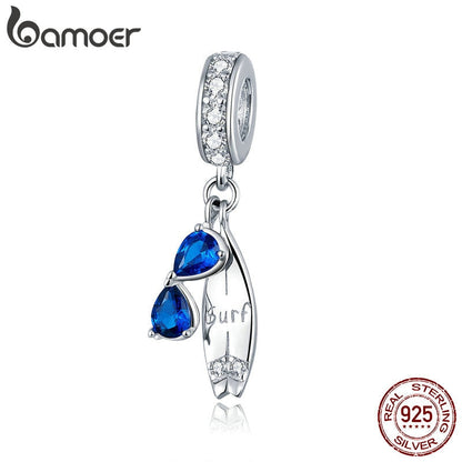 bamoer 2020 Summer Series Surfing with Sunglass Pendant Charm for Bracelet 925 Sterling Silver DIY Jewelry Accessories BSC263