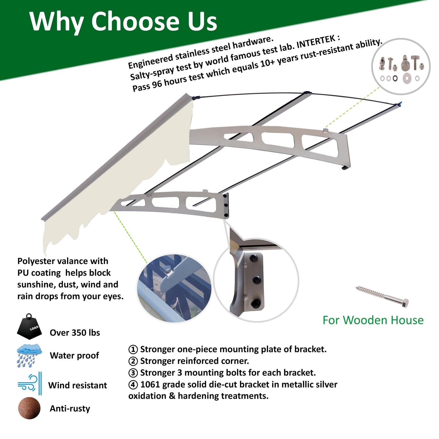 5934W Series Door Window Awning Canopy W59"xD34" Made of 0.137Inch /3.5mm Thick Virtually Crystal Solid Polycarbonate Sheet