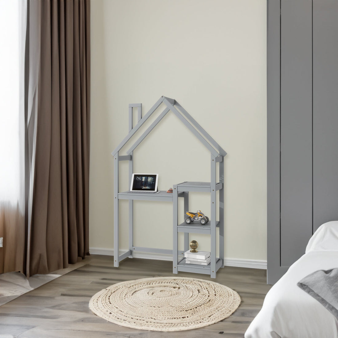 House-shaped Wooden writing Desk,Kids study Table,Bookshelf &amp; Toy Storage,Grey
