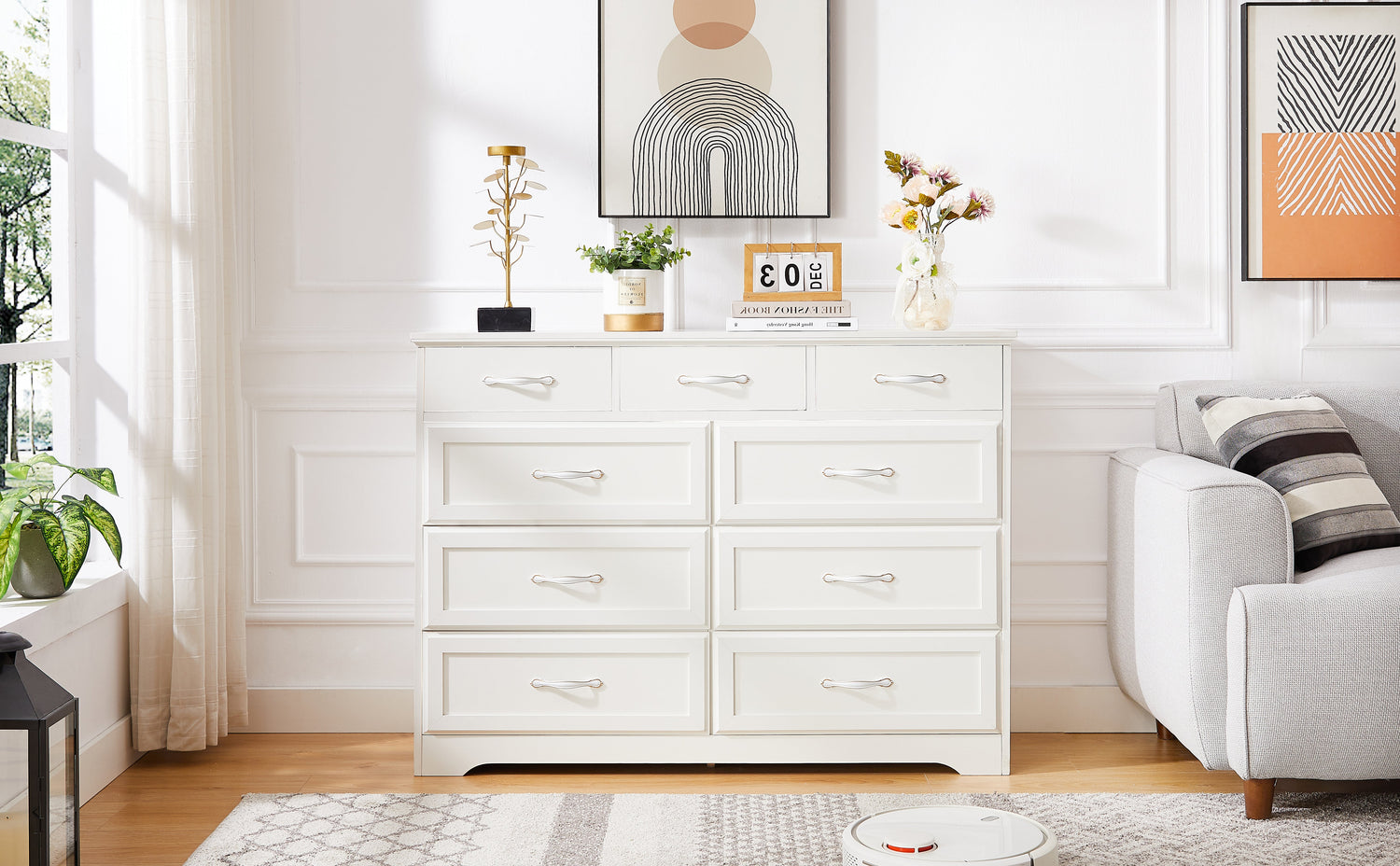 Bedroom dresser 9 drawer long dresser with antique handles wood chest of drawers for kids room 47.56&
