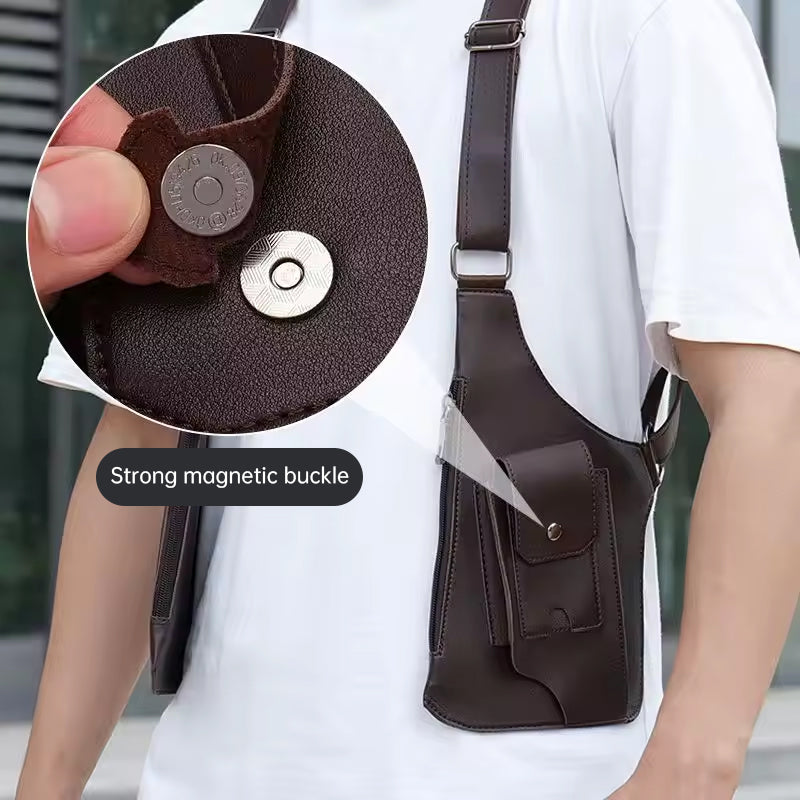 A medieval - style leather harness bag that is an anti - theft wallet, phone pouch, and suitable for men&