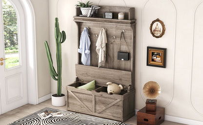 Hall tree with storage desk, entrance desk with drawers and 5 hooks, display rack,Oak
