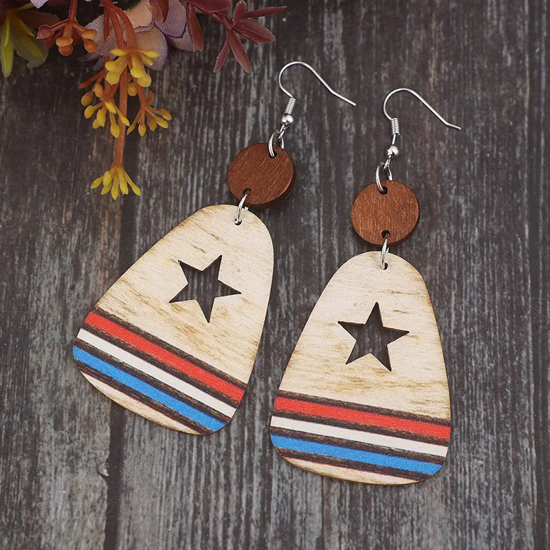 Cutout Star &amp; Stripes Wooden Dangle Earrings