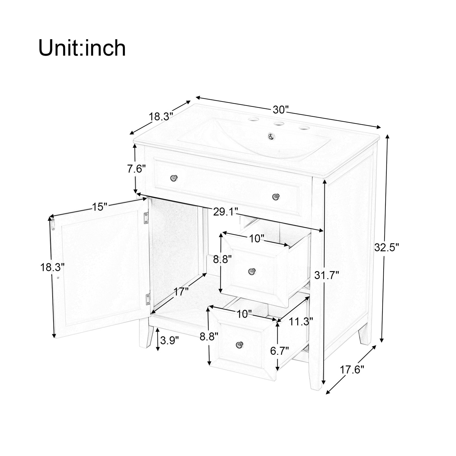30" Bathroom Vanity with Sink Top, Bathroom Vanity Cabinet with Door and Two Drawers, Solid Wood Frame, One Package, Green
