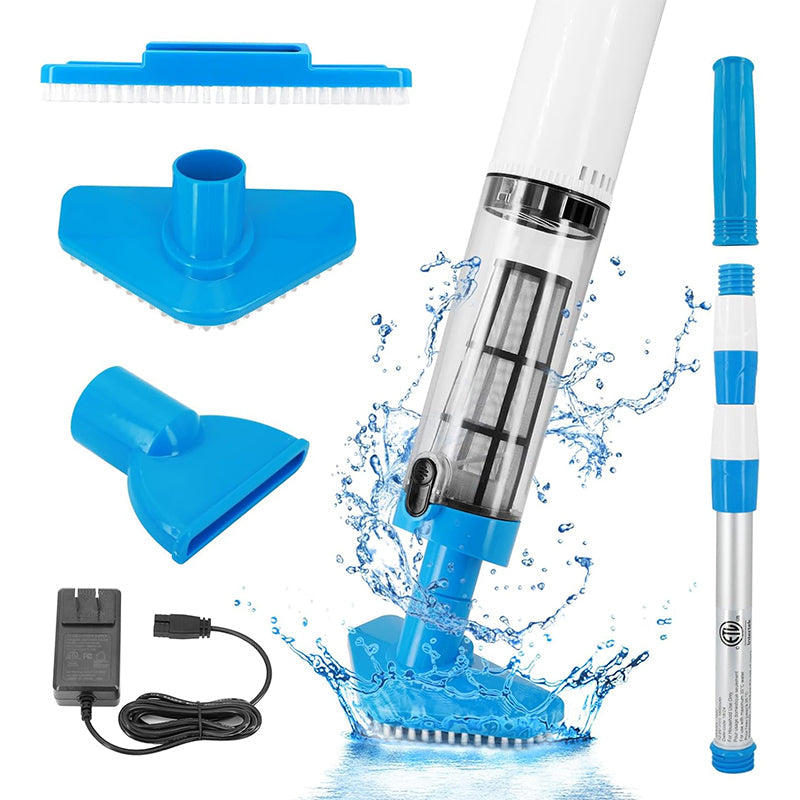 Rechargeable hand pool vacuum for spas/hot tubs/small pools, with auto immersion detector &amp; bristle nozzle.