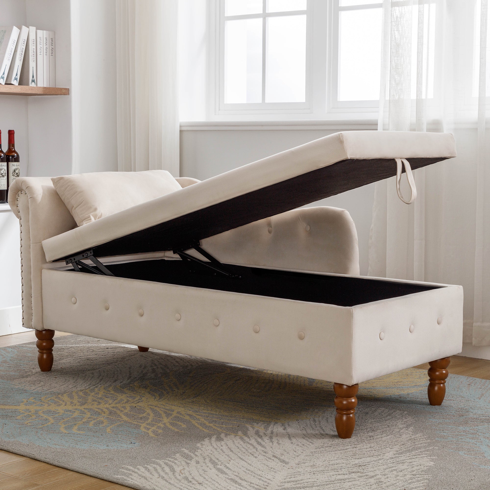 Beige Chaise Lounge Indoor Velvet Lounge Chair for Bedroom with Storage &amp; Pillow Modern Upholstered Rolled Arm Chase Lounge