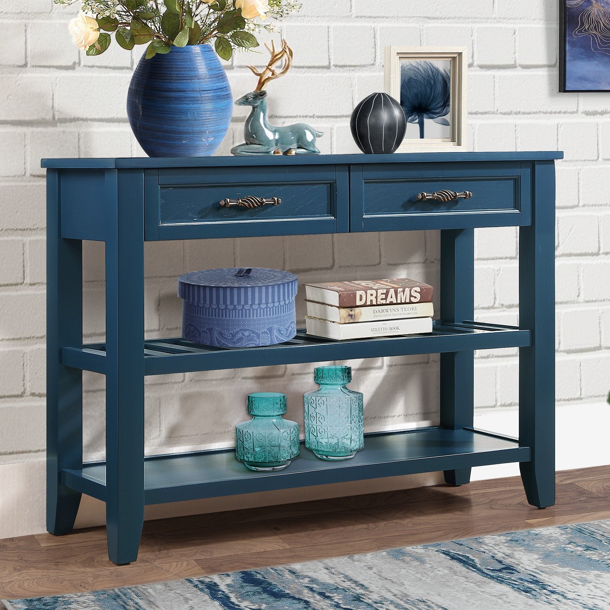 Console Sofa Table with 2 Storage Drawers and 2 Tiers Shelves Mid-Century Style 42&