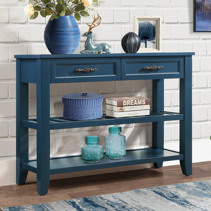 Console Sofa Table with 2 Storage Drawers and 2 Tiers Shelves Mid-Century Style 42&