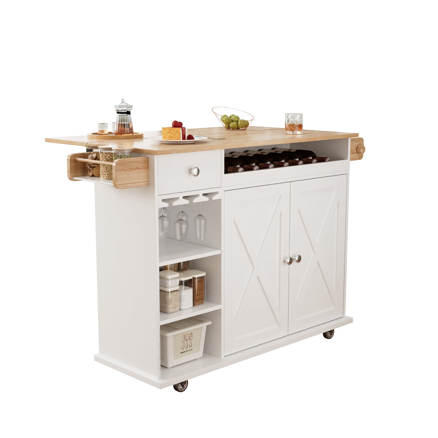 44 Inch Kitchen Island Cart with Solid Wood Top, Wine Storage, Spice Rack, Towel Rack, Wine Glass Holder White &amp; Oak