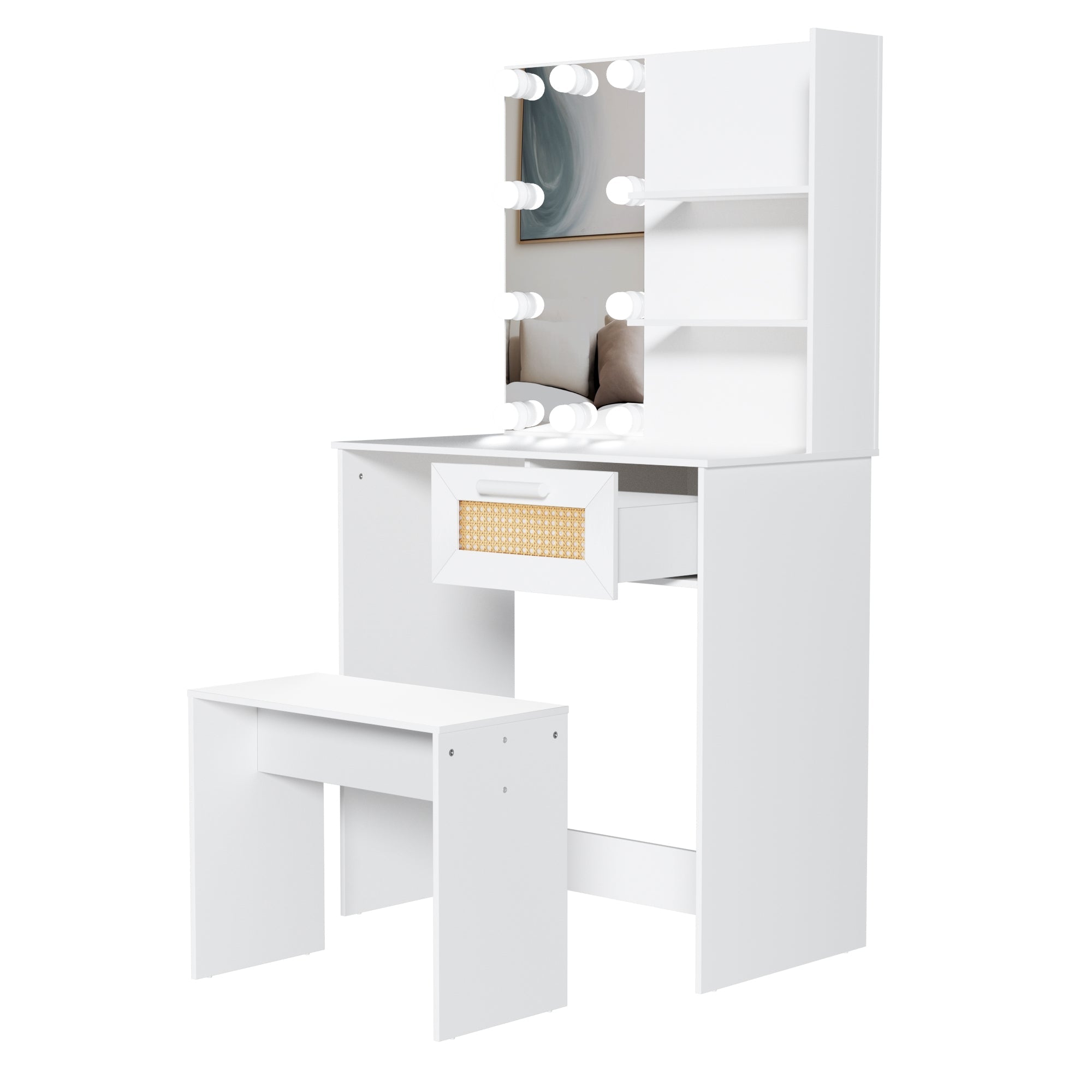 Vanity Desk Set Stool &amp; Dressing Table with LED Lighting Mirror Drawer and Wood Cosmetic Table Chest of Drawers White Color
