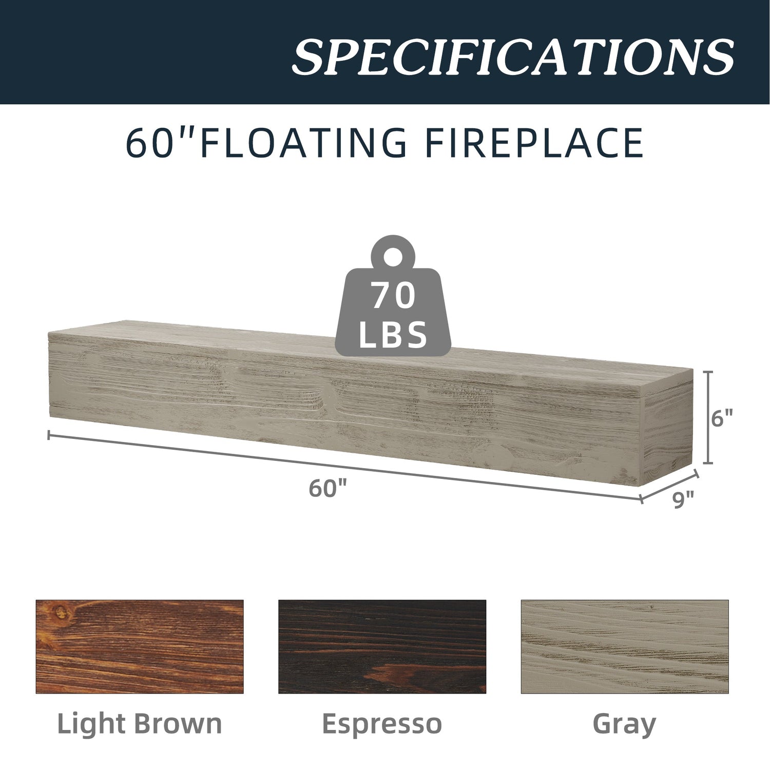 60" Rustic Wood Fireplace Mantel,Wall-Mounted &amp; Floating Shelf for Home Decor grey