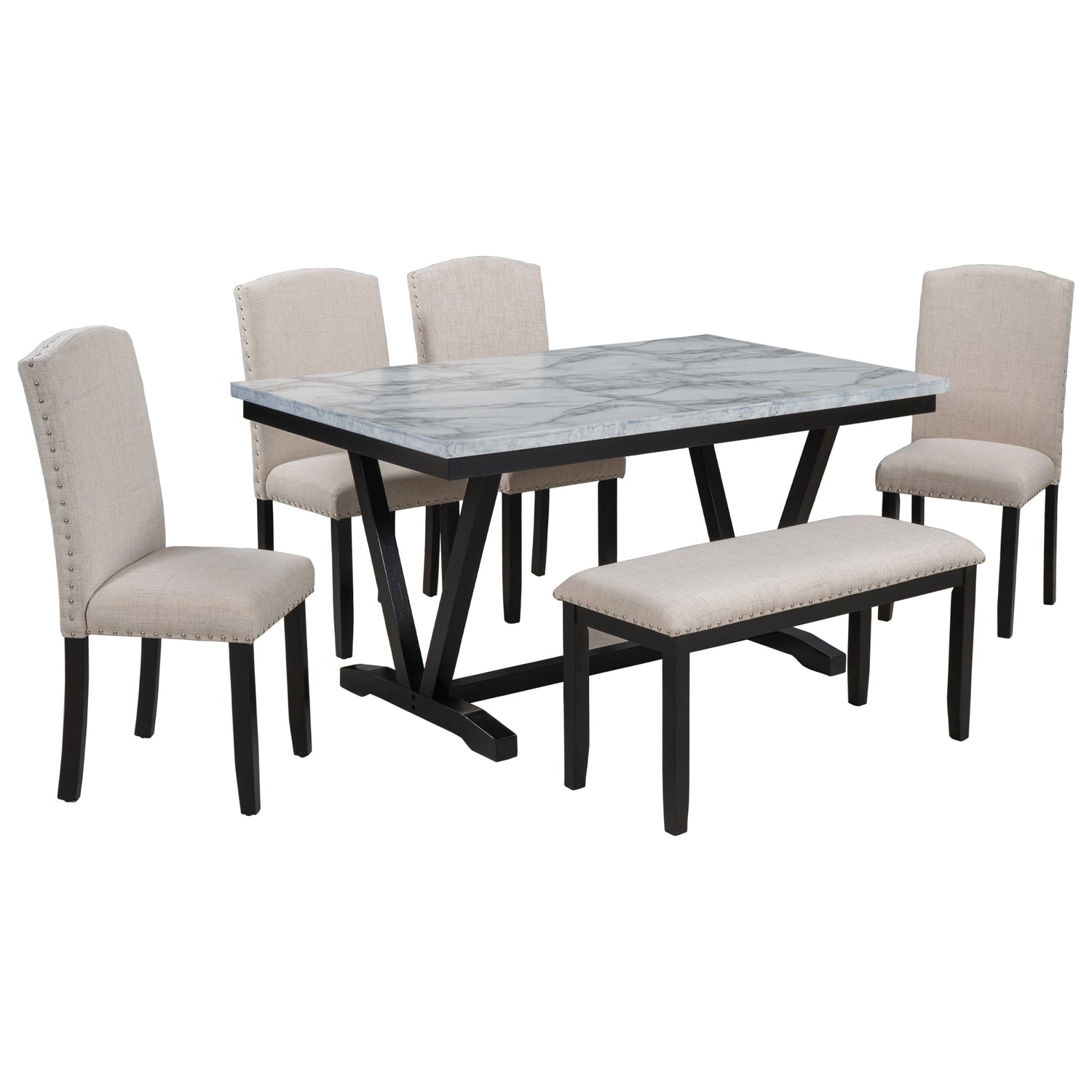 TREXM Modern Style 6-piece Dining Table with 4 Chairs &amp; 1 Bench (White)