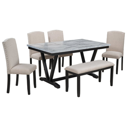 TREXM Modern Style 6-piece Dining Table with 4 Chairs &amp; 1 Bench (White)