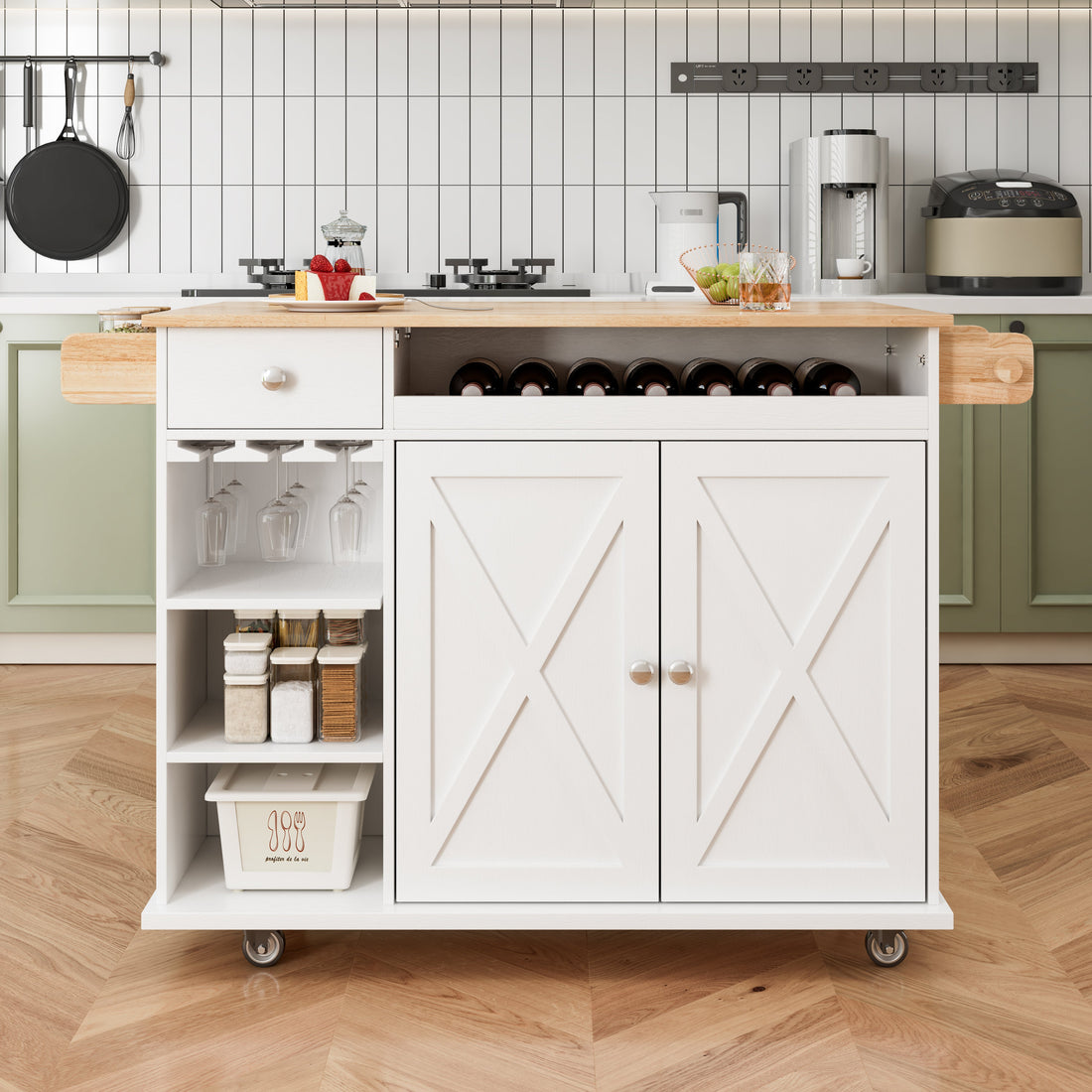 44 Inch Kitchen Island Cart with Solid Wood Top, Wine Storage, Spice Rack, Towel Rack, Wine Glass Holder White &amp; Oak