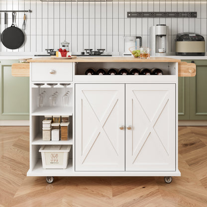 44 Inch Kitchen Island Cart with Solid Wood Top, Wine Storage, Spice Rack, Towel Rack, Wine Glass Holder White &amp; Oak