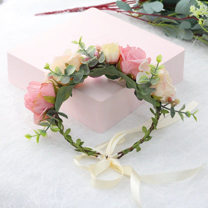 Spring and summer flower garland headwear simulation rose crown water grass headband bride travel photography hair accessories