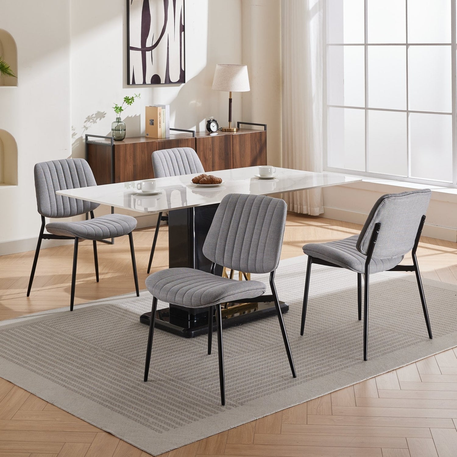 2-piece retro linen chair set with curved wooden backrest, cushioned seat, adjustable metal legs, (gray linen)