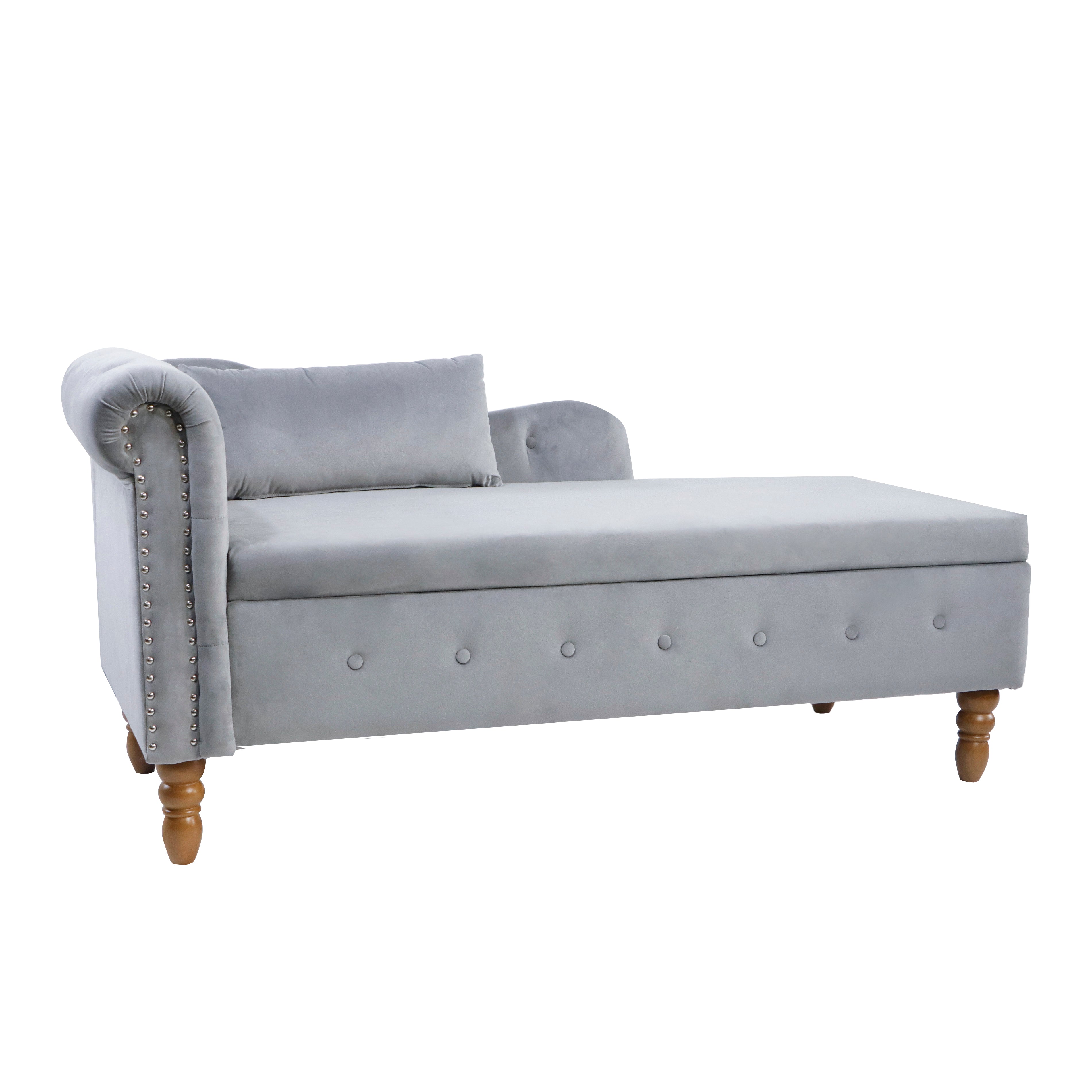 Grey Chaise Lounge Indoor Velvet Lounge Chair for Bedroom with Storage &amp; Pillow Modern Upholstered Rolled Arm Chase Lounge