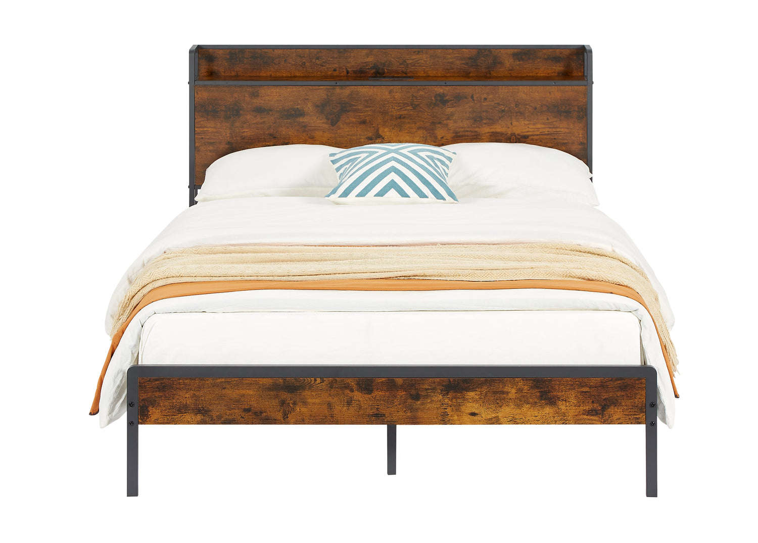 Bed frame with charging station full size, Rustic Brown, 83.1&