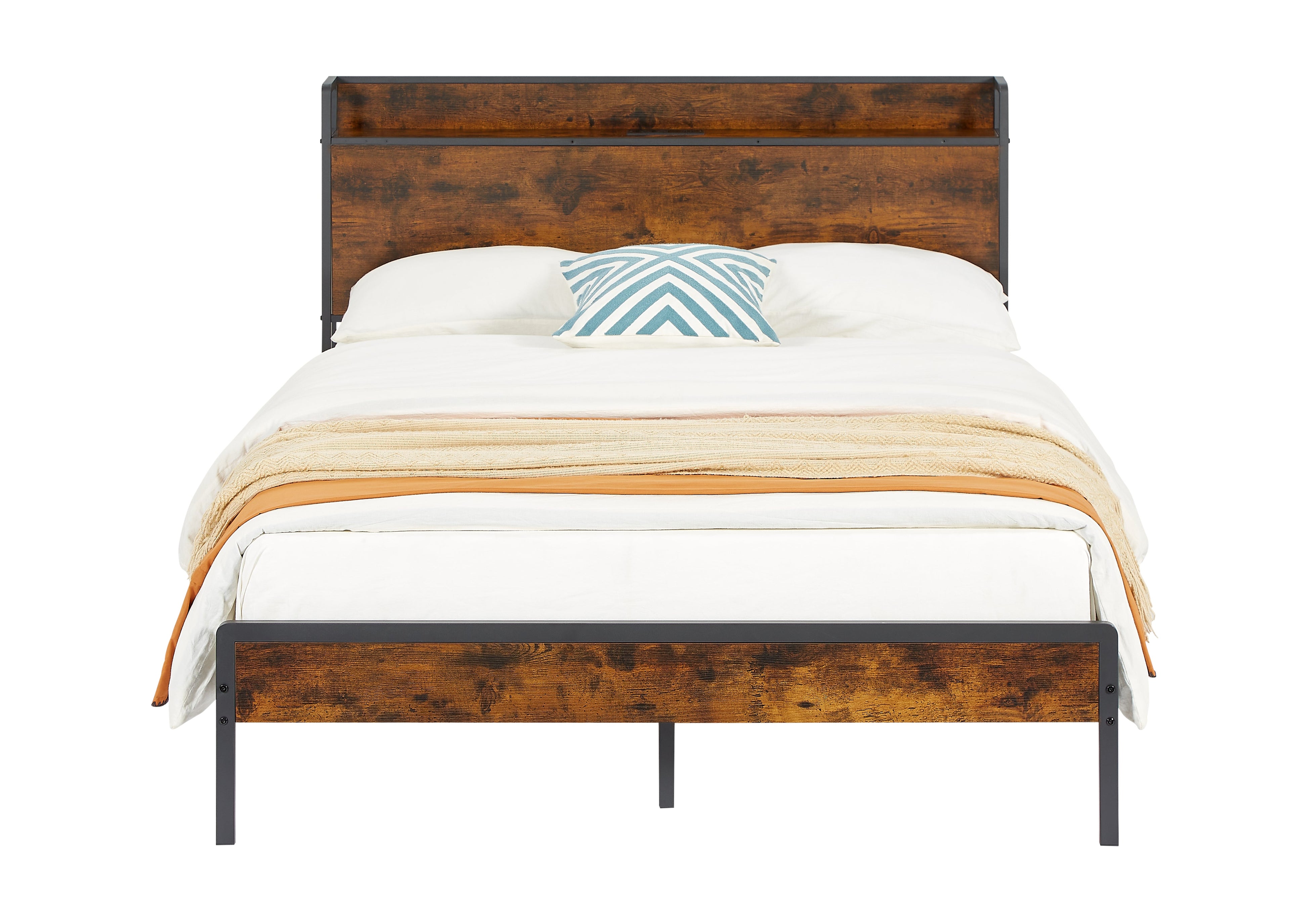 Bed frame with charging station full size, Rustic Brown, 83.1&