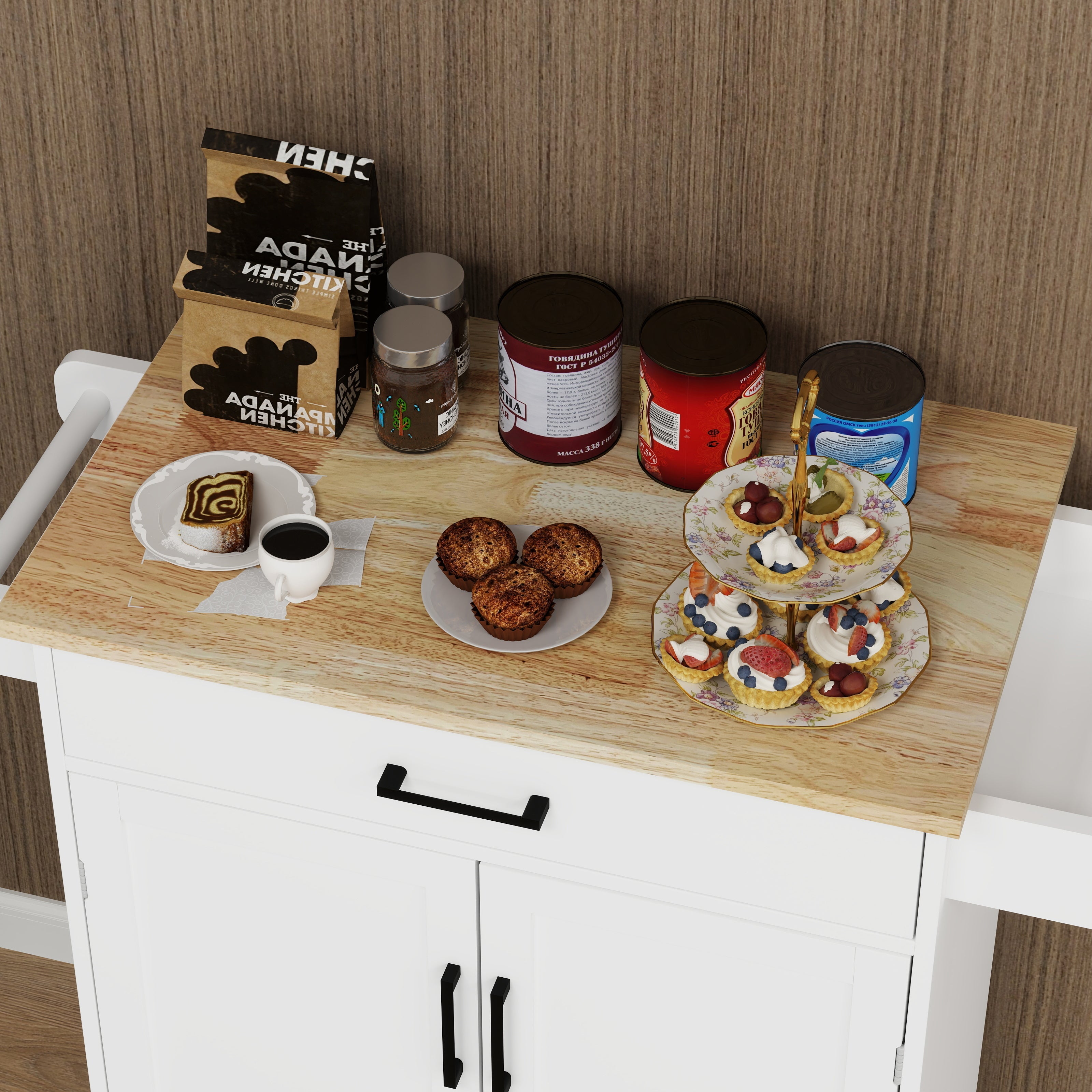 Kitchen island rolling trolley cart with 1 drawer &amp; 2 doors with storage racks &amp; Adjustable Shelves &amp; towel rack
