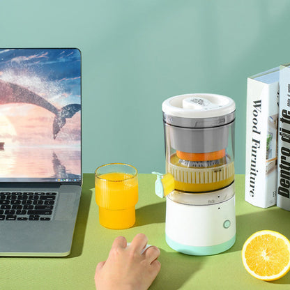 Portable USB - rechargeable slow juicer for oranges, lemons &amp; other fruits. A handy electric blender for home kitchens.