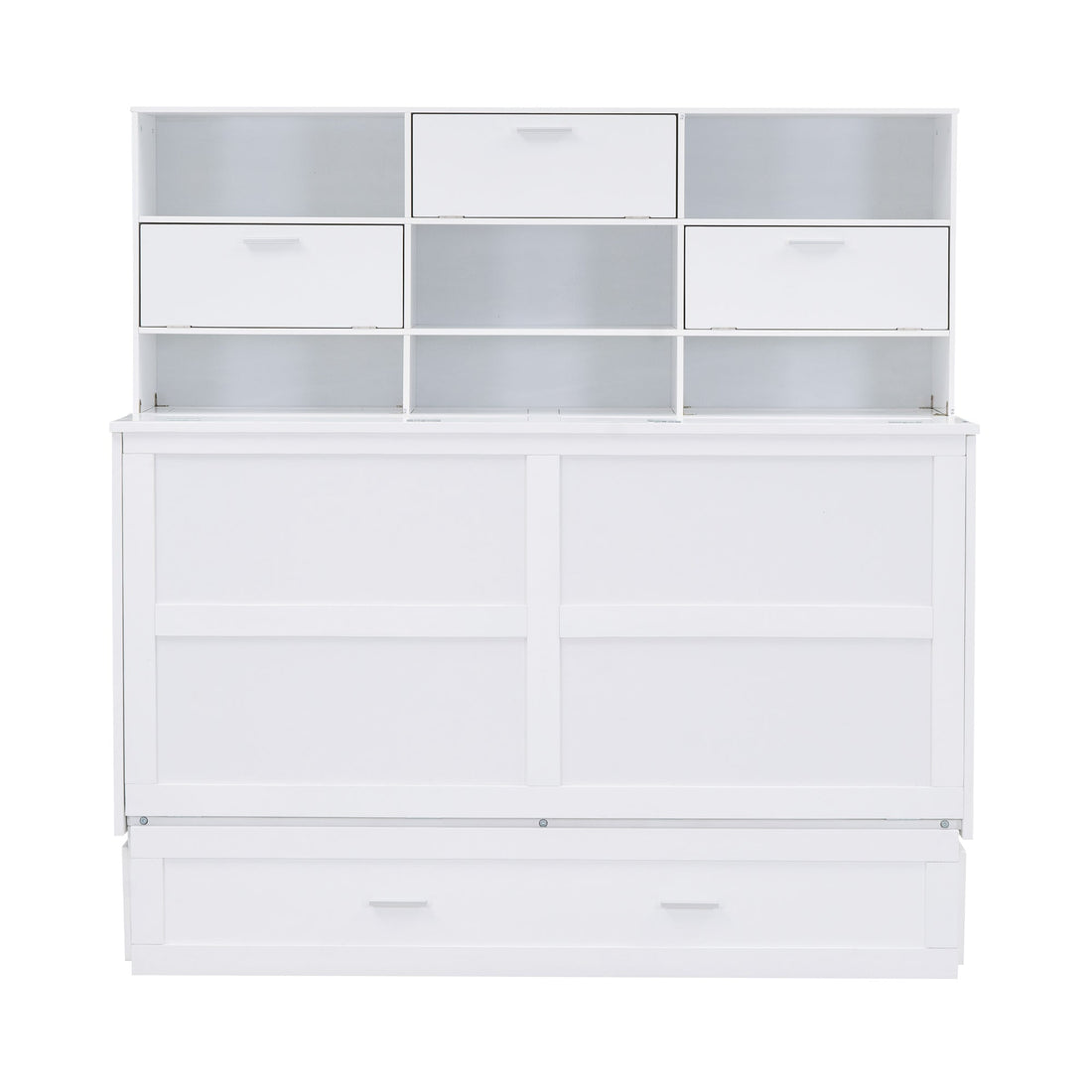 ueen Size Murphy Bed with Bookcase, Bedside Shelves and a Big Drawer, White