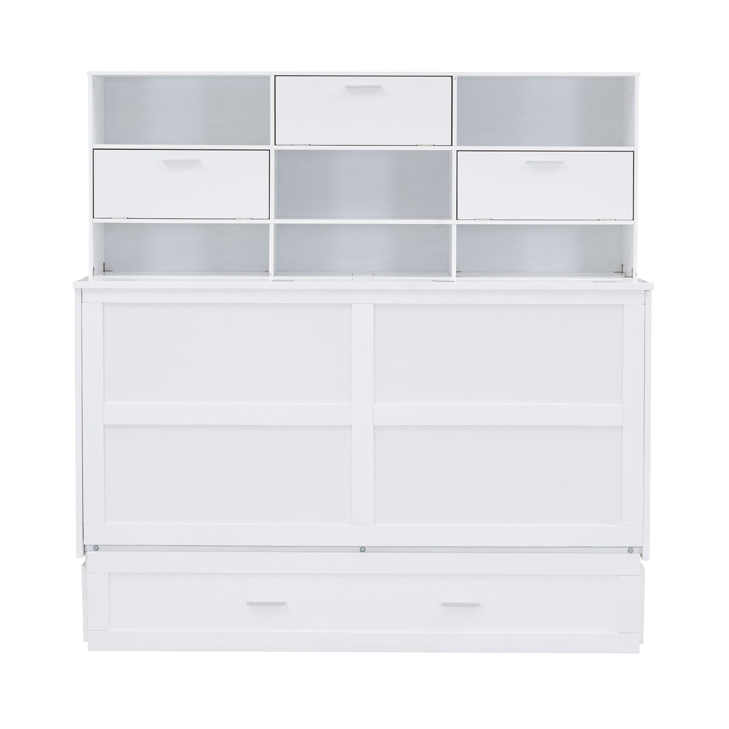 ueen Size Murphy Bed with Bookcase, Bedside Shelves and a Big Drawer, White