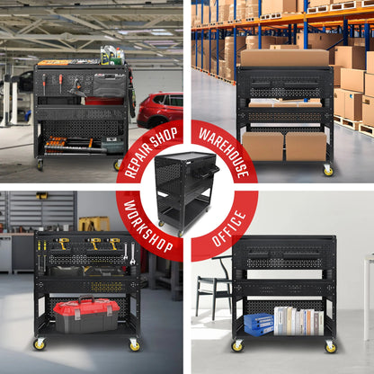 3-Tier Adjustable Rolling Tool Cart | Garage &amp; Workshop Organizer w/ Steel Pegboard