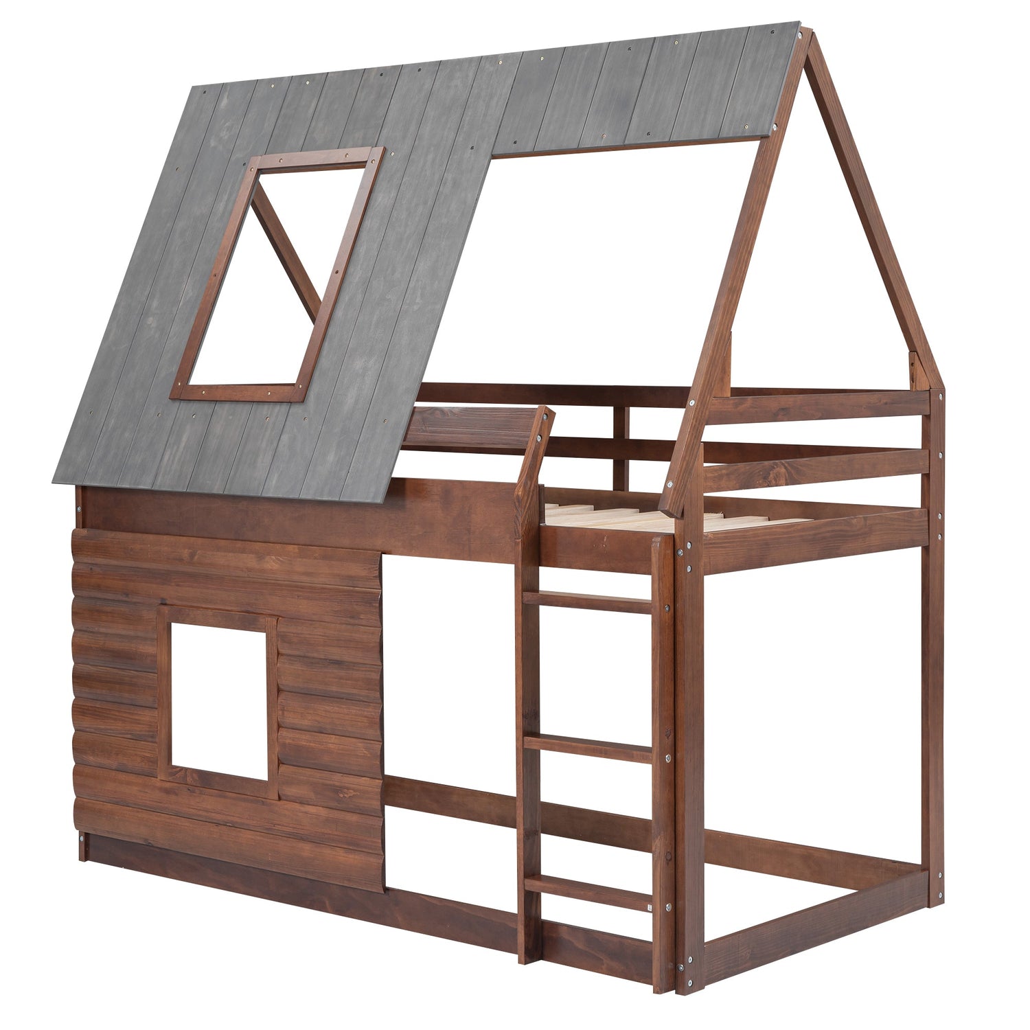 Wood Twin Size House Bunk Bed with Roof, Ladder and 2 Windows, Oak &amp; Smoky Grey