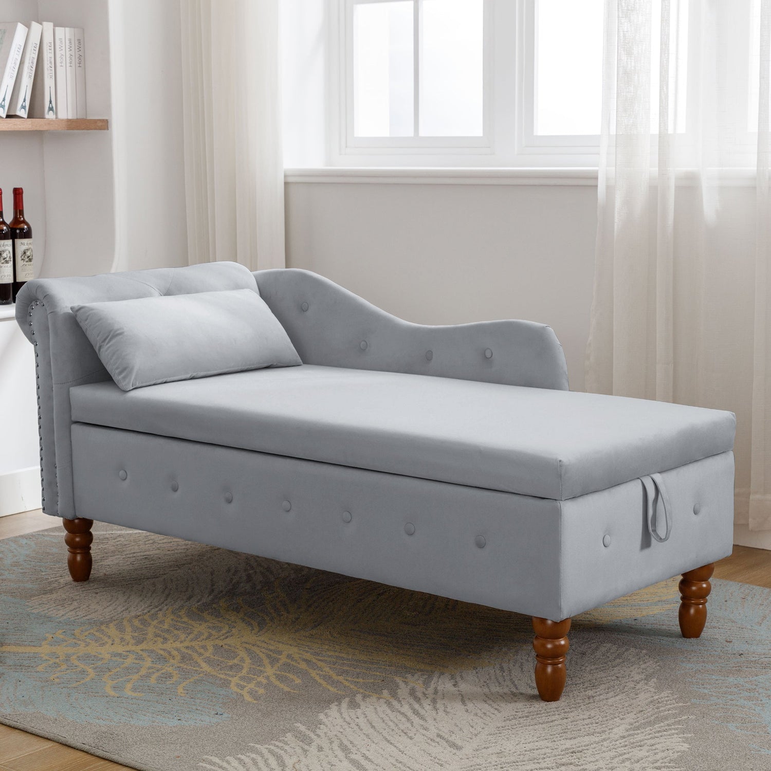 Grey Chaise Lounge Indoor Velvet Lounge Chair for Bedroom with Storage &amp; Pillow Modern Upholstered Rolled Arm Chase Lounge