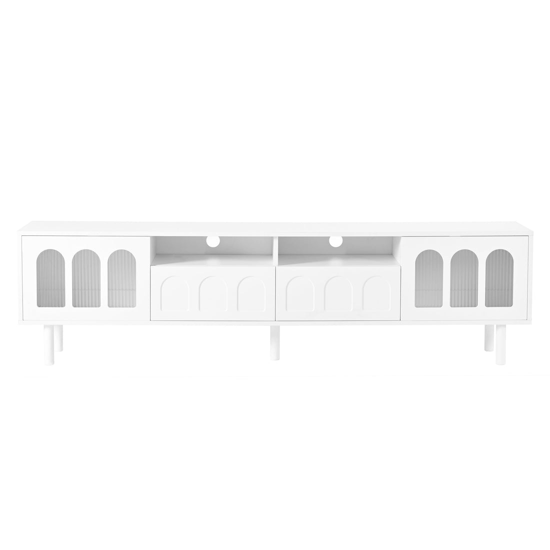 ON-TRANS cream colored TV stand with LED light strip, suitable for 80 inch TV storage console with tempered glass door, white