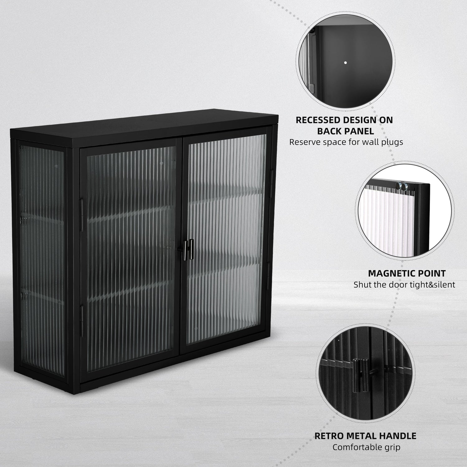 Retro Style Haze Double Glass Door Wall Cabinet With Detachable Shelves for Office Dining Room Living Room