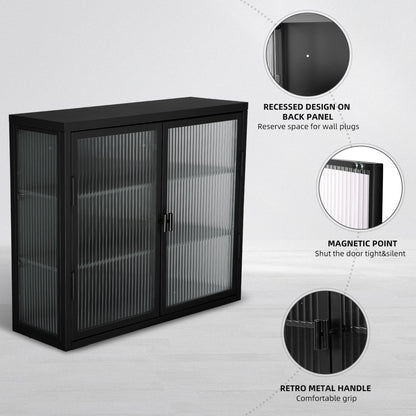 Retro Style Haze Double Glass Door Wall Cabinet With Detachable Shelves for Office Dining Room Living Room