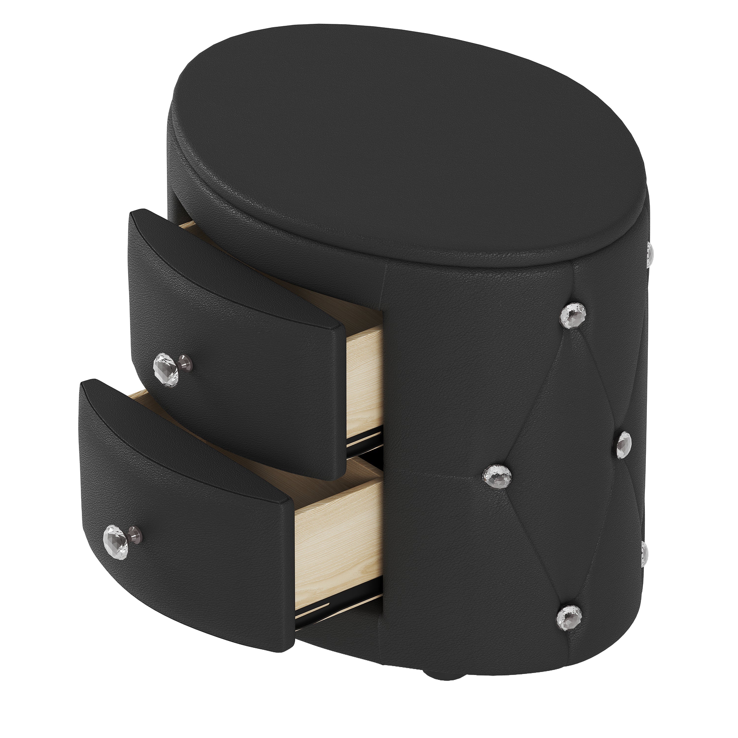 Elegant PU Nightstand with 2 Drawers and Crystal Handle,Fully Assembled Except Legs&amp;Handles,Storage Bedside Table - Black
