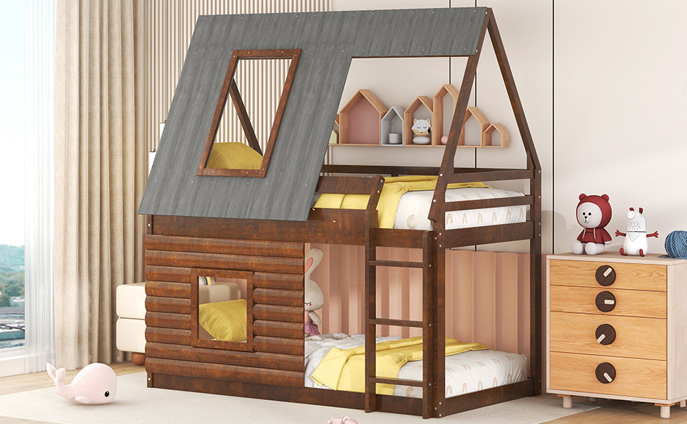Wood Twin Size House Bunk Bed with Roof, Ladder and 2 Windows, Oak &amp; Smoky Grey