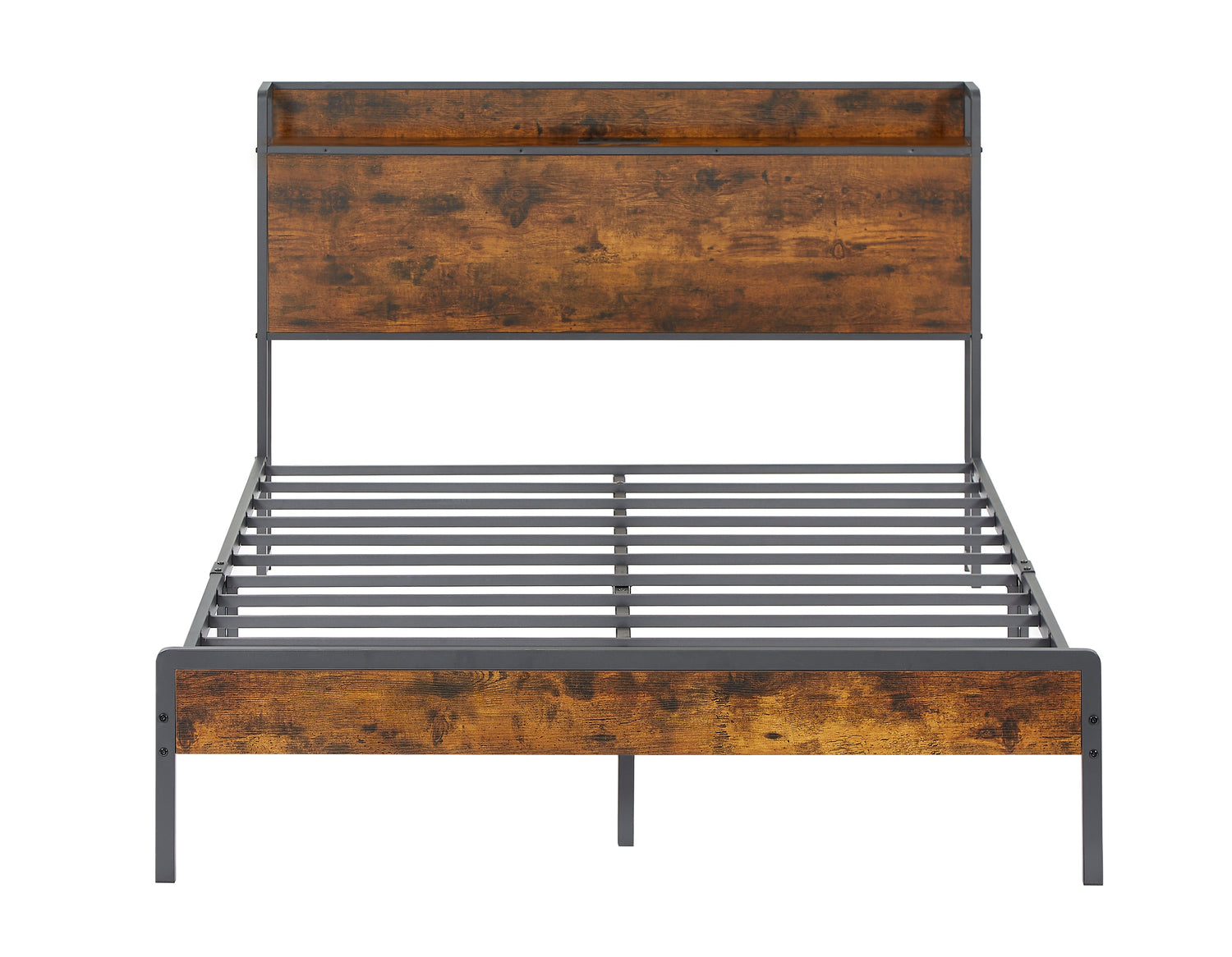 Bed frame with charging station full size, Rustic Brown, 83.1&