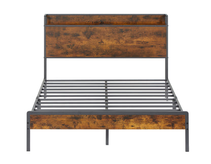 Bed frame with charging station full size, Rustic Brown, 83.1&