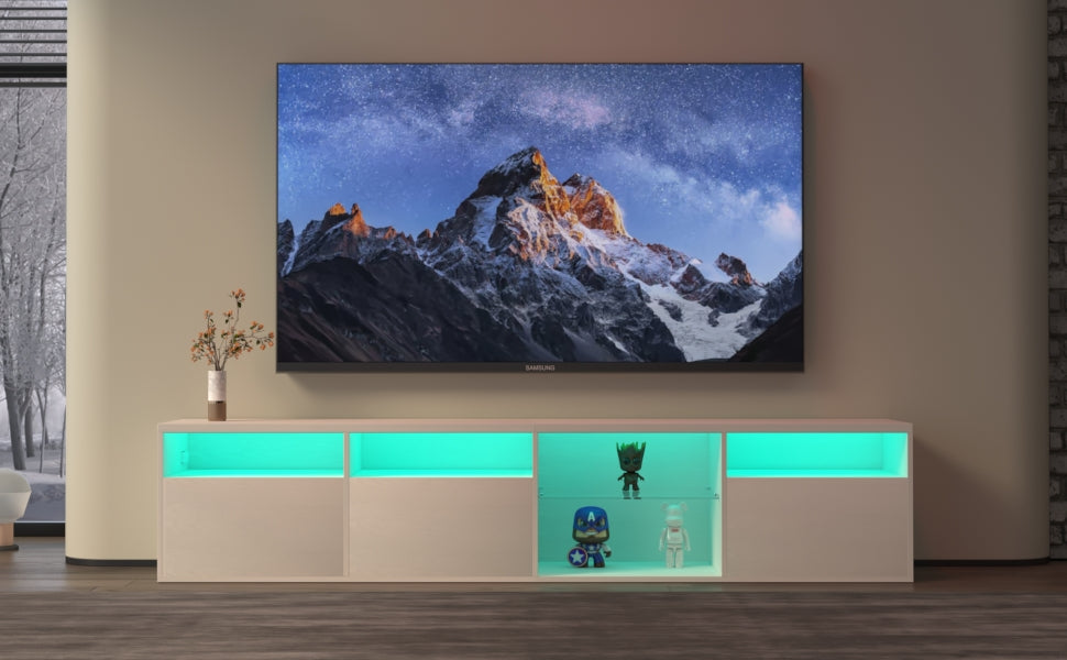 TV console with storage cabinet, 82.6-inch long LED TV stand with 31 mode switching lights (white, suitable for 75/80 inch TVs)