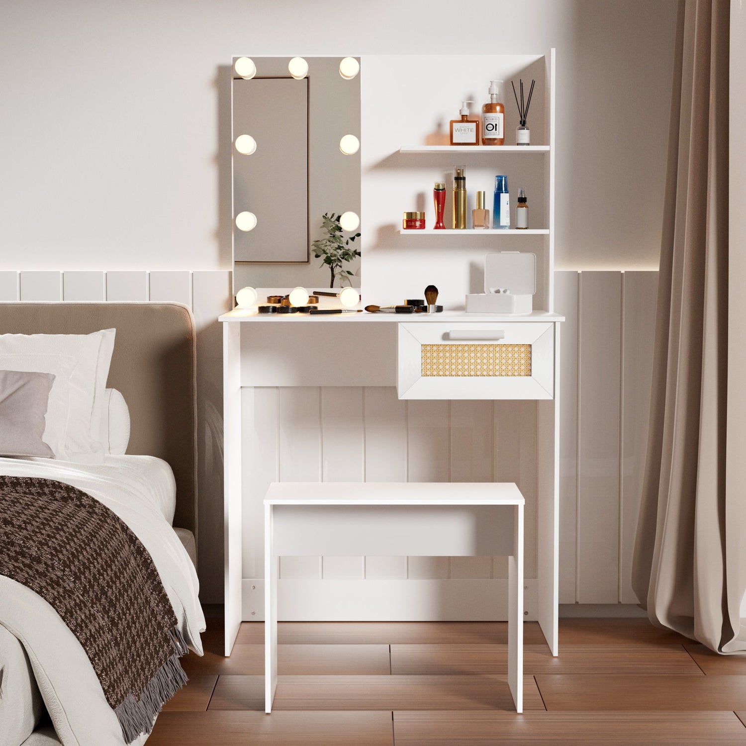 Vanity Desk Set Stool &amp; Dressing Table with LED Lighting Mirror Drawer and Wood Cosmetic Table Chest of Drawers White Color