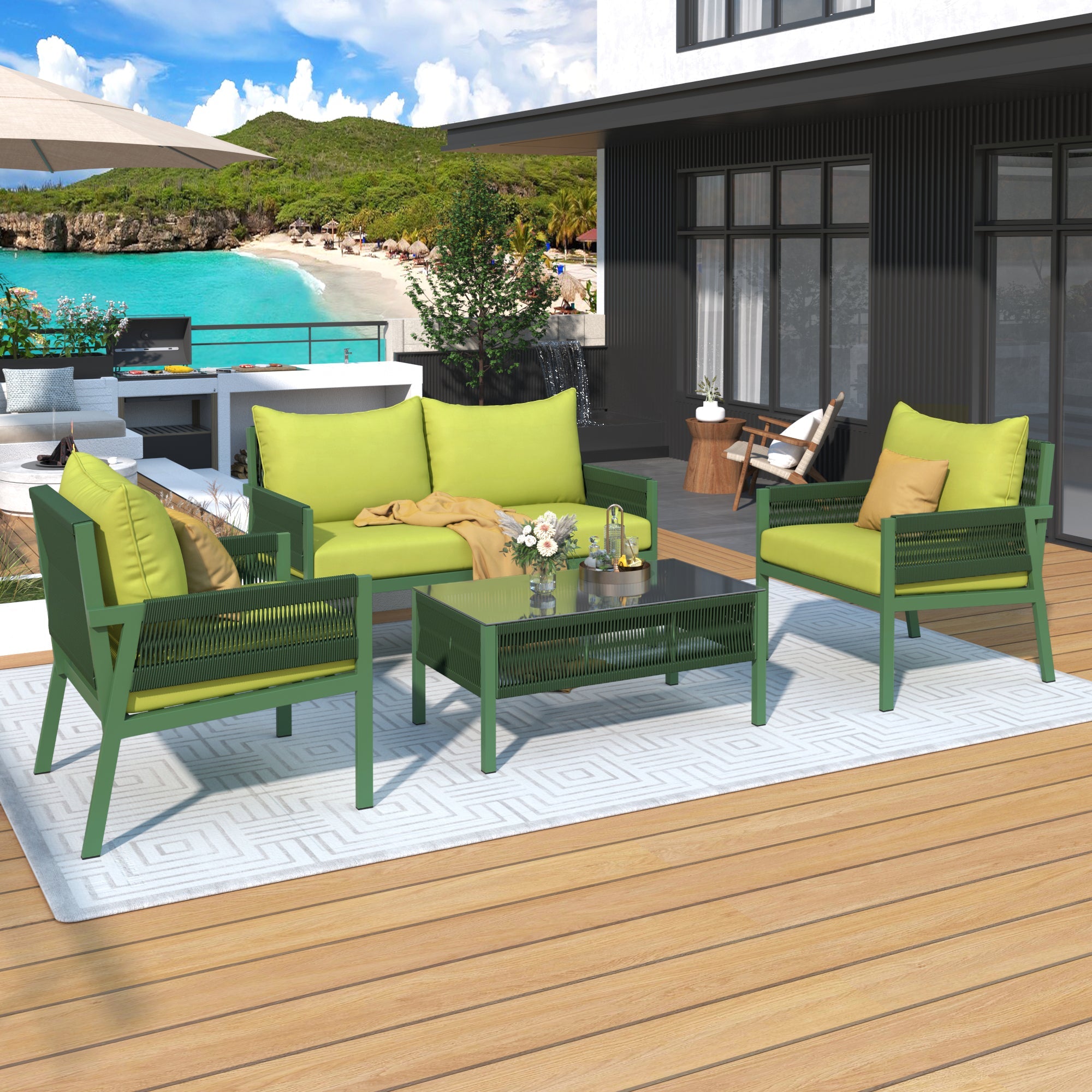 Outdoor Furniture with Tempered Glass Table,  Set Deep Seating with Thick Cushion  (Fluorescent Yellow &amp; Green)