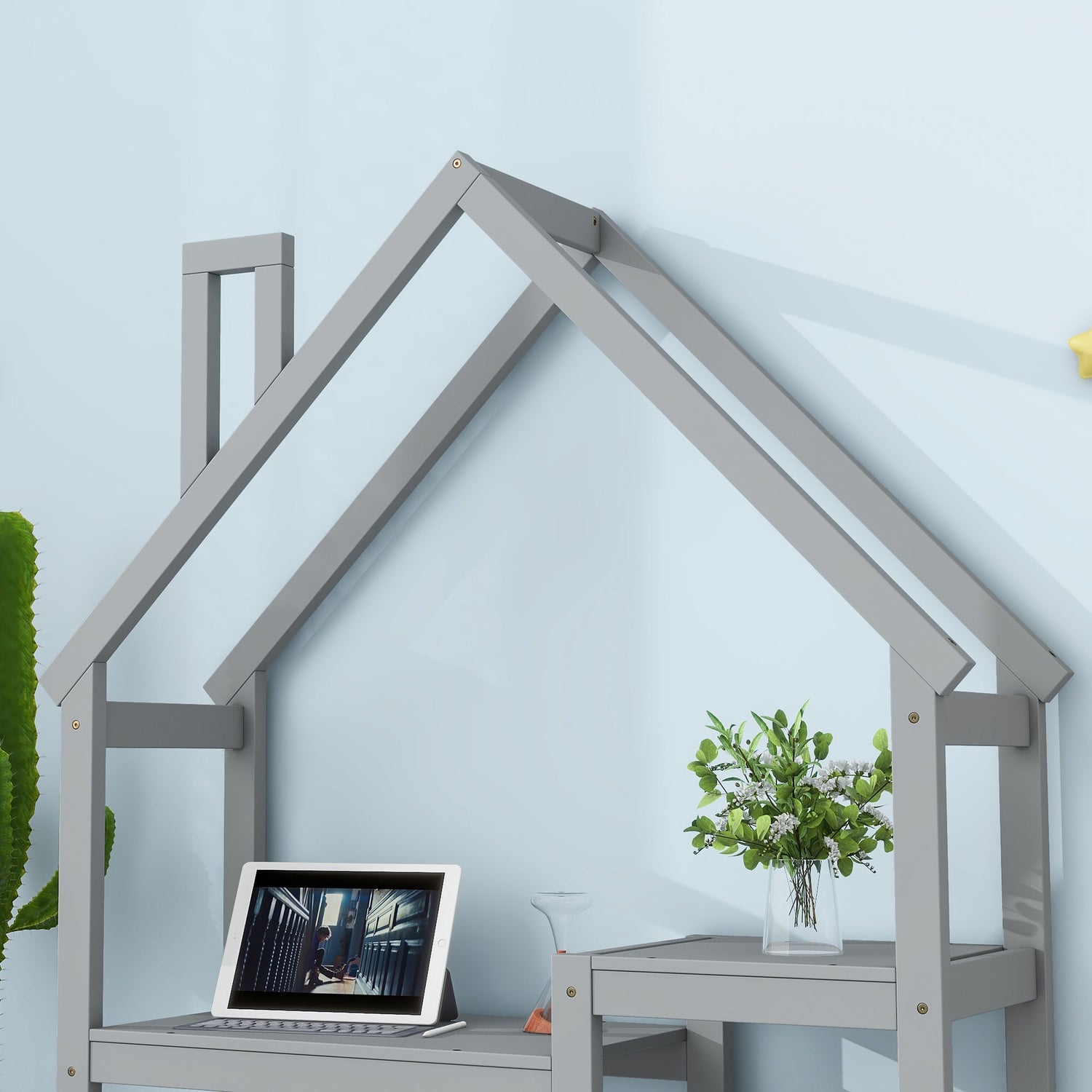 House-shaped Wooden writing Desk,Kids study Table,Bookshelf &amp; Toy Storage,Grey