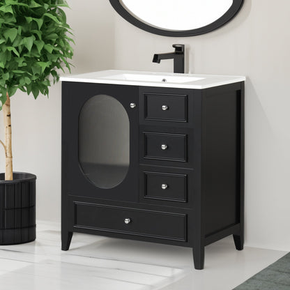 30" Bathroom Vanity with Sink, Bathroom Vanity Cabinet with Three Drawers and Door, Solid Wood and MDF, Black