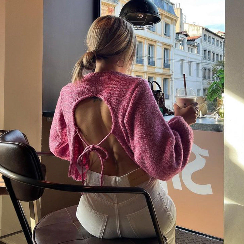 Long sleeved backless lace up sexy spicy girl knitted loose women&